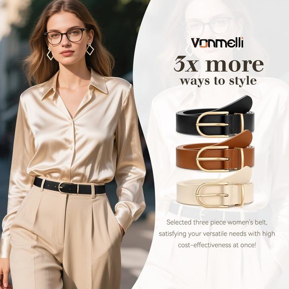 3 Pack Women\'s Belts For Jeans Pants Fashion Gold Buckle Ladies Dress Belt🤎